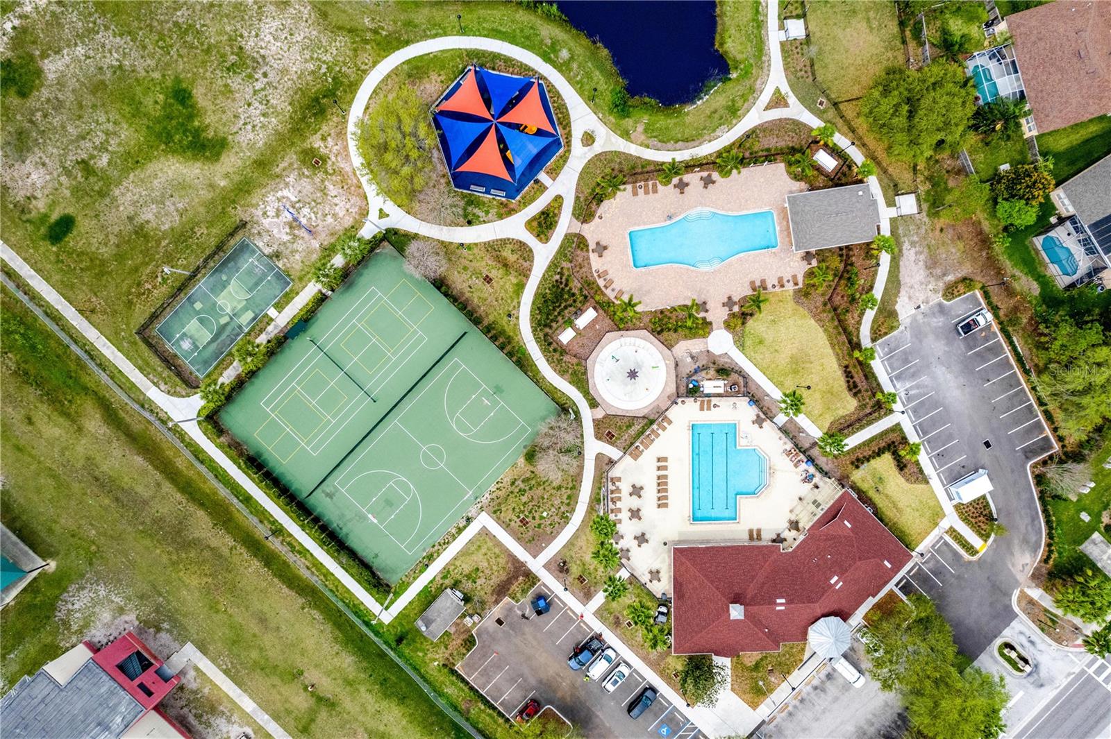Community clubhouse, two pools, tennis courts, basketball, playground
