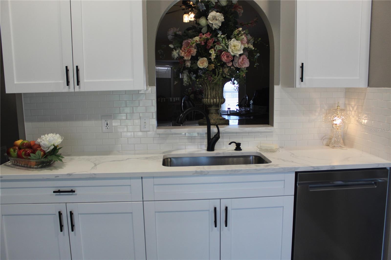 Quartz countertops with tile backsplash & New facet.