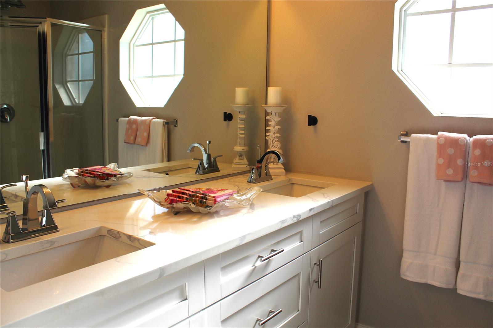 Remodeled Master Bath with dual sinks.