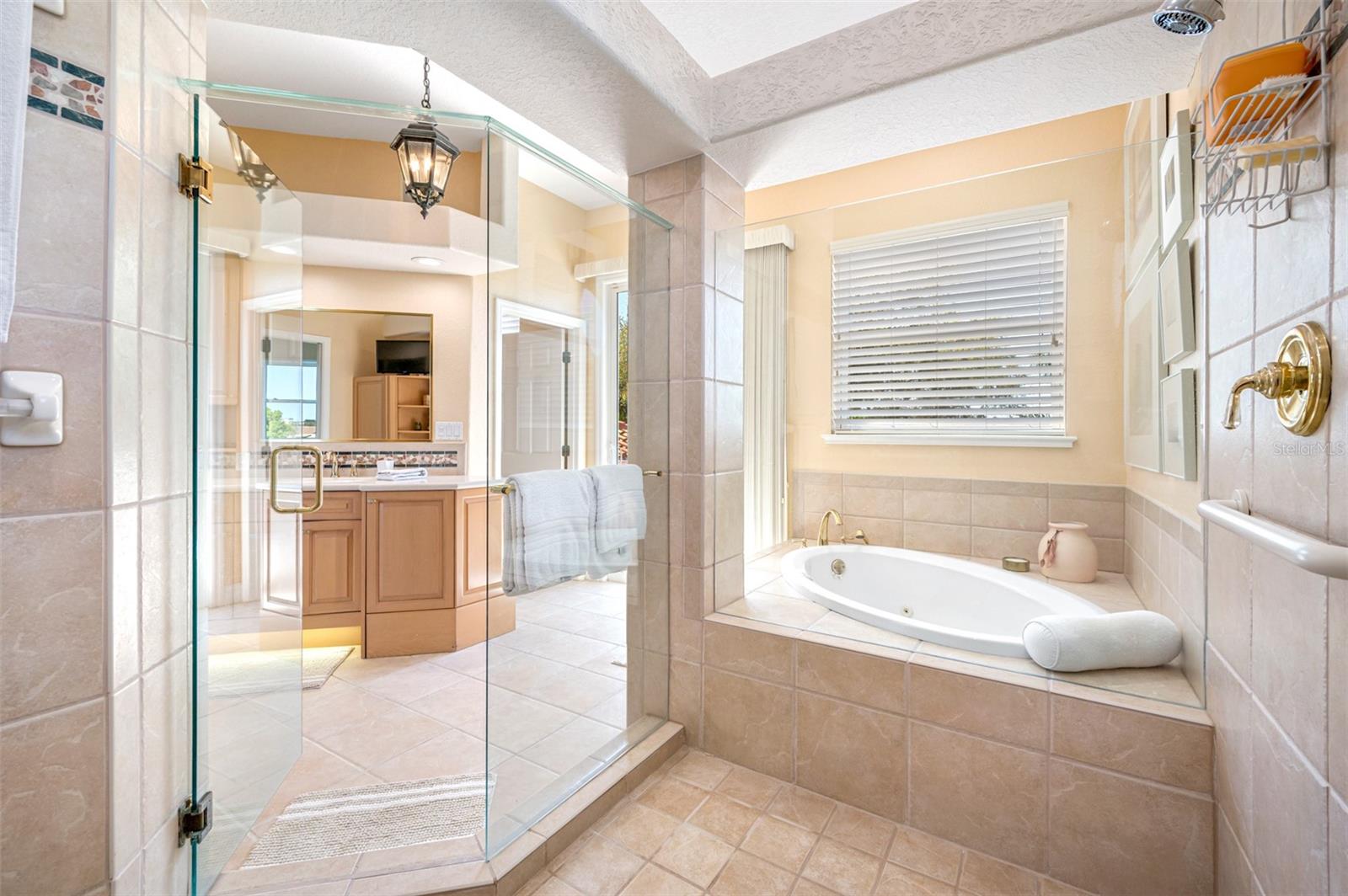 Walk in shower area and jetted soaking tub in primary bath