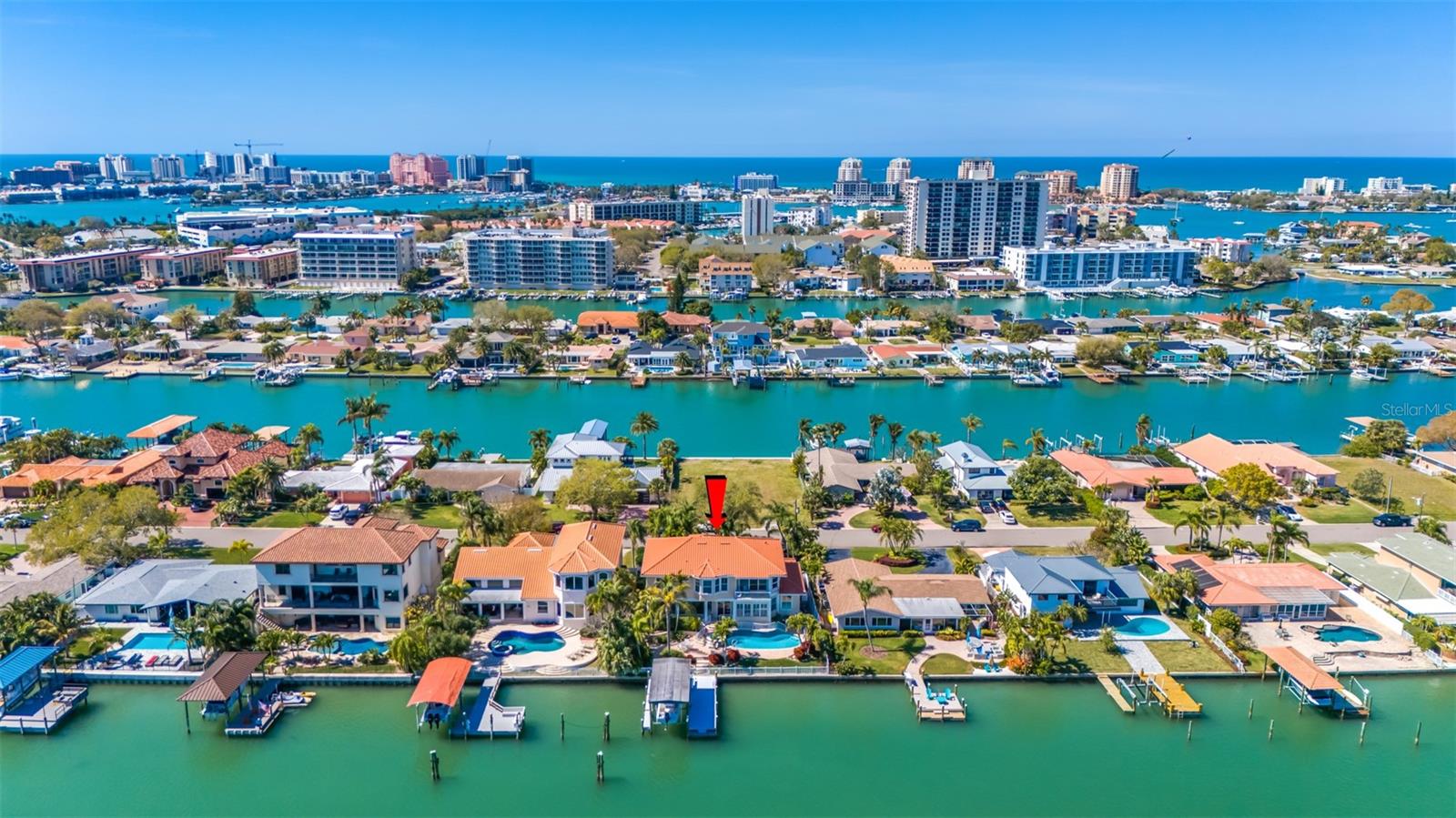 Aerial view facing due west towards Island Estates condominiums and Clearwater Beach