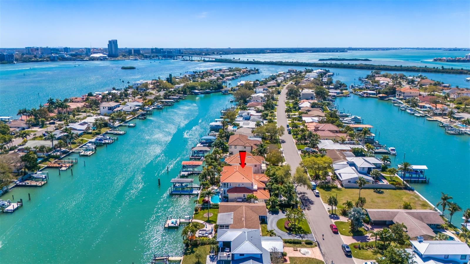 Aerial view facing south towards Memorial Causeway (Rt 60).  Memorial Causeway Bridge, leading to downtown Clearwater and the new The Sound concert venue at Coachman Park, is pictured in left background