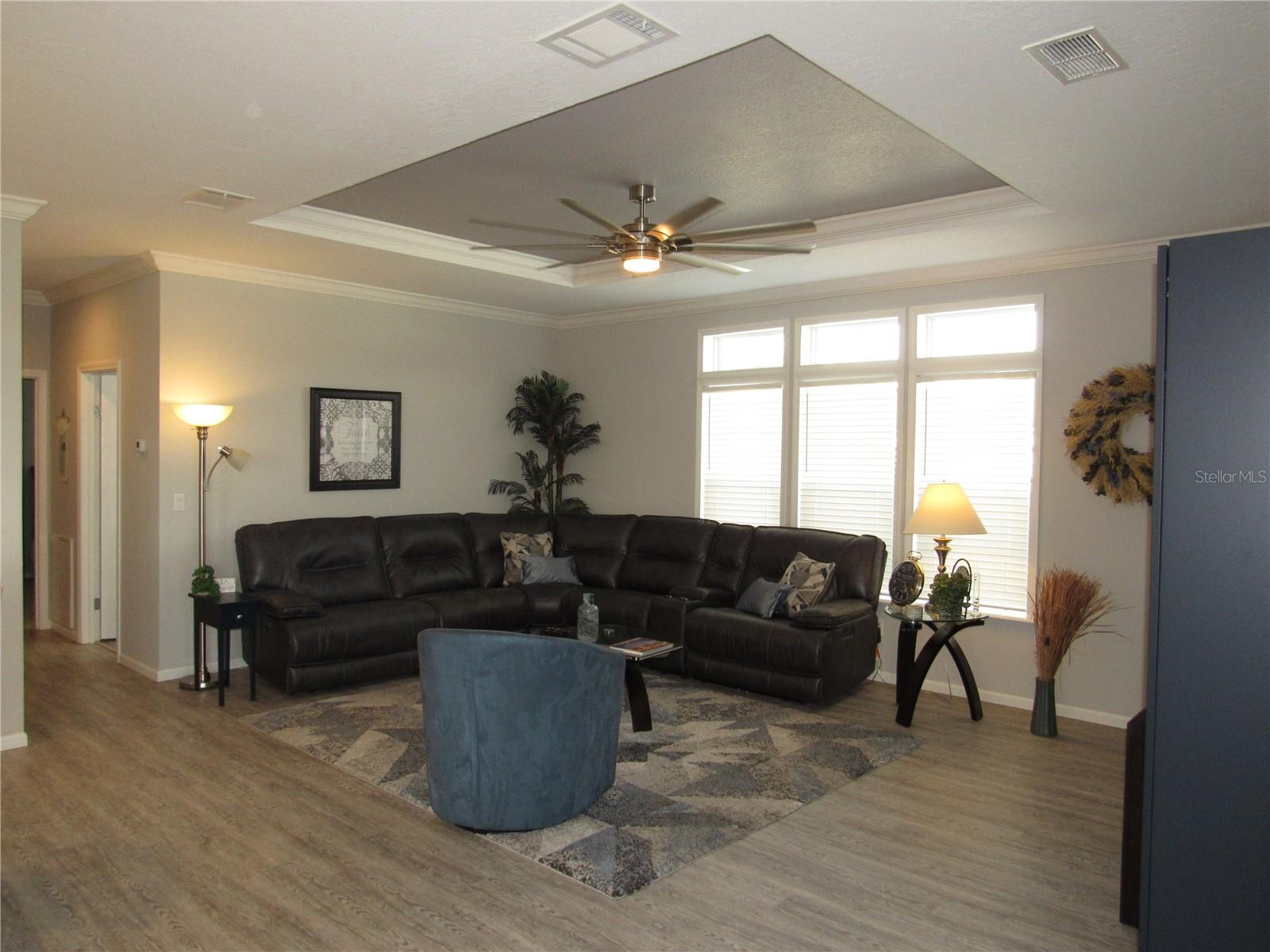 Living room with tray ceiling & 6' ceiling fan.