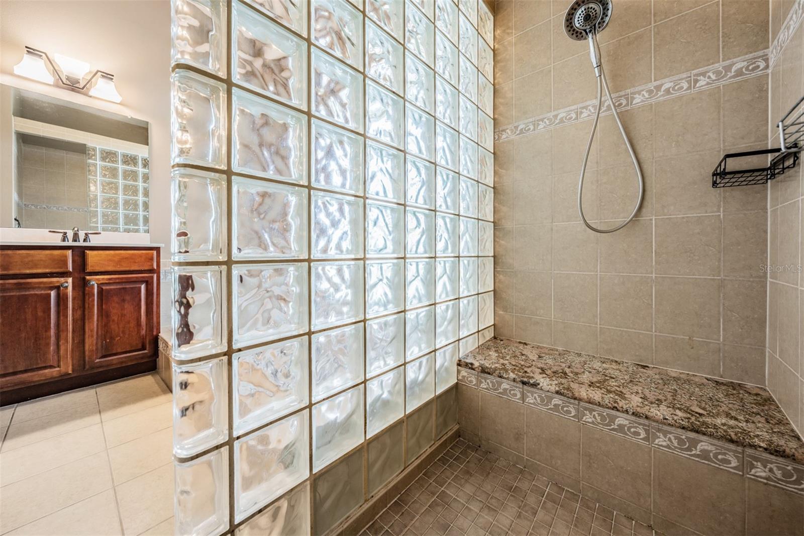 Glass block adds natural light to walk in shower