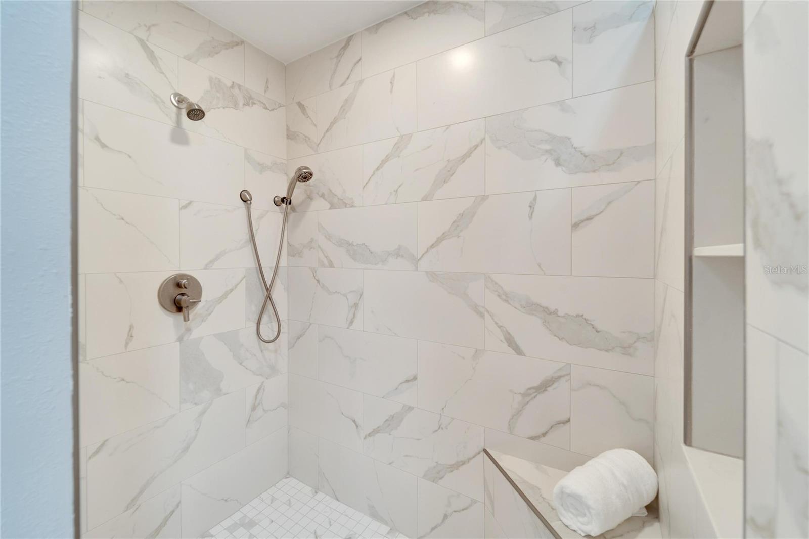Walk In Shower with bench seating and recessed niche for your shower accessories