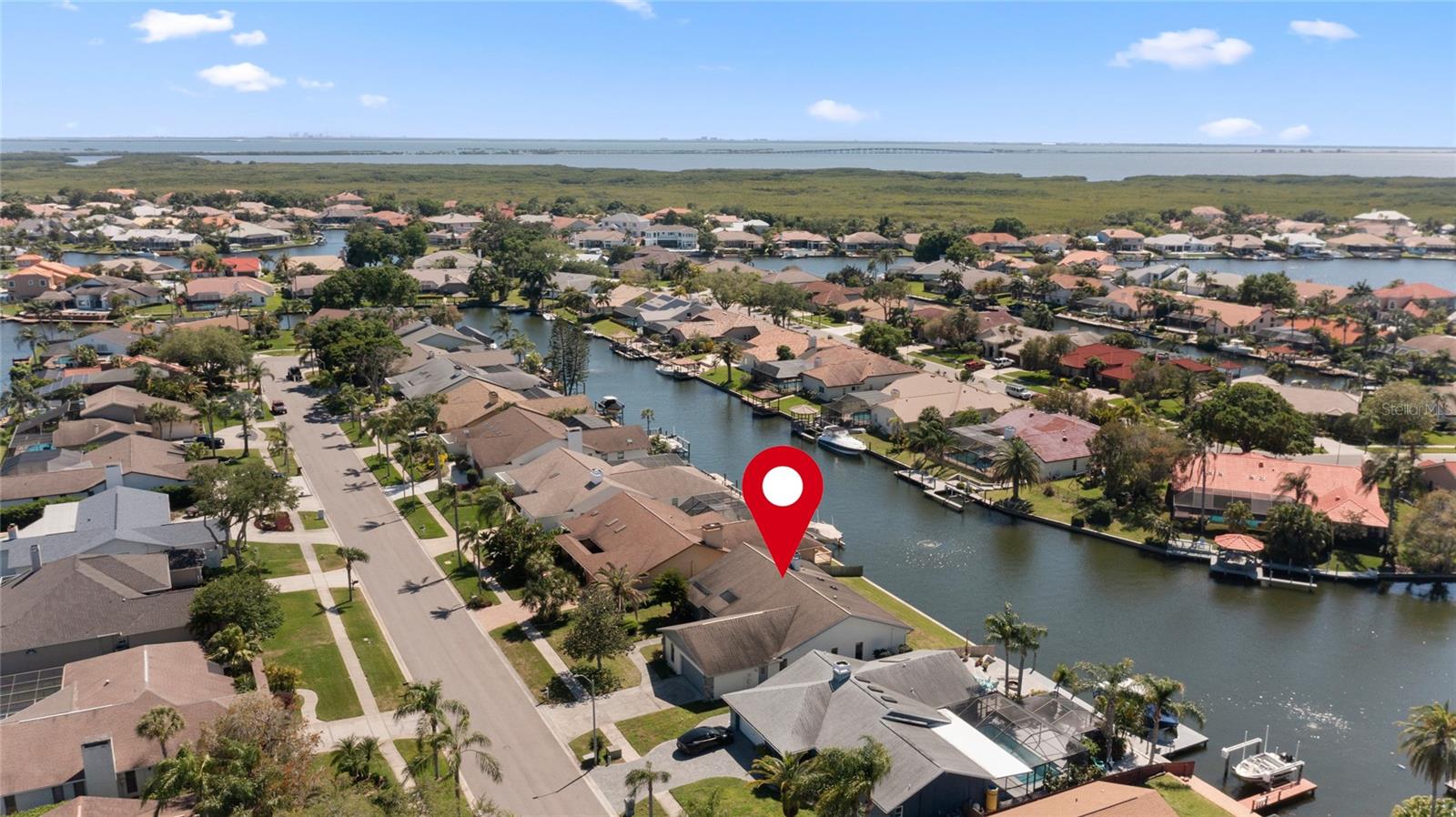 aerial view of home with Tampa Bay in backround