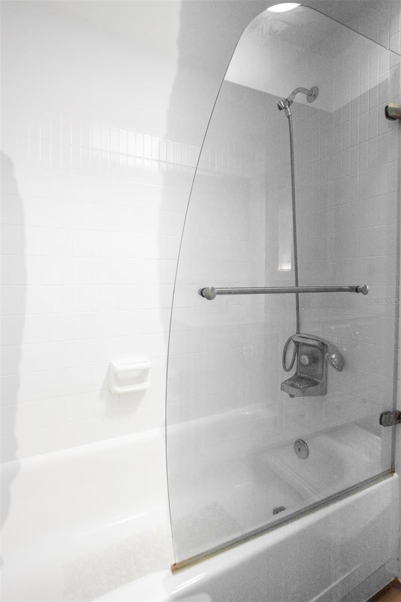 Glass shower door swivels open for convenience