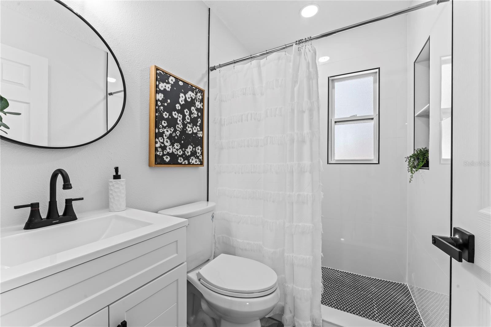 Guest Bathroom with Quartz Countertop Polished Porcelain Tile Walk-in  Shower with Rain Water Head and Wand