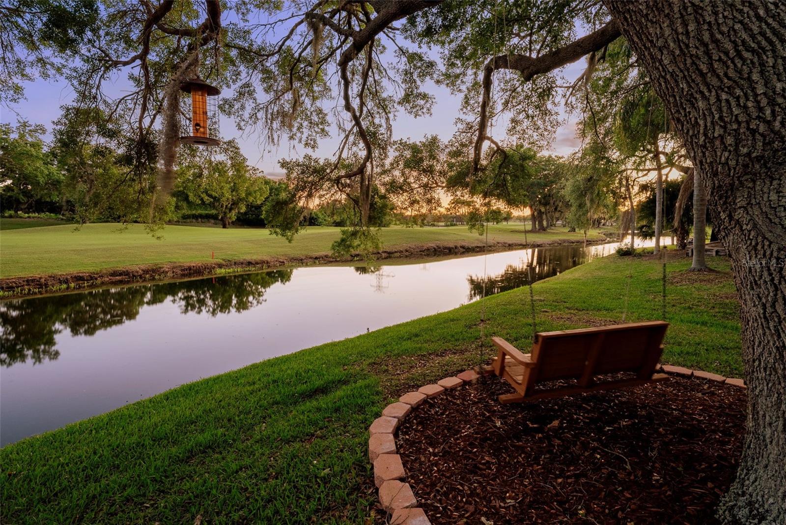 View of the pond and swing as the sun sets