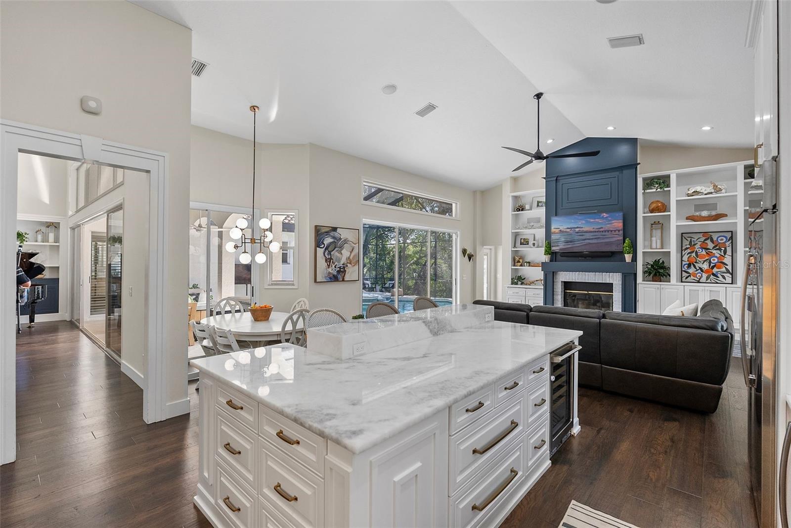 Marble kitchen Island open to the Family room
