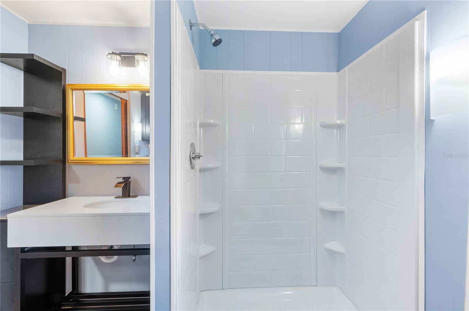 This bathroom has new step-in shower, vanity, flooring, light fixtures, and high toilet.