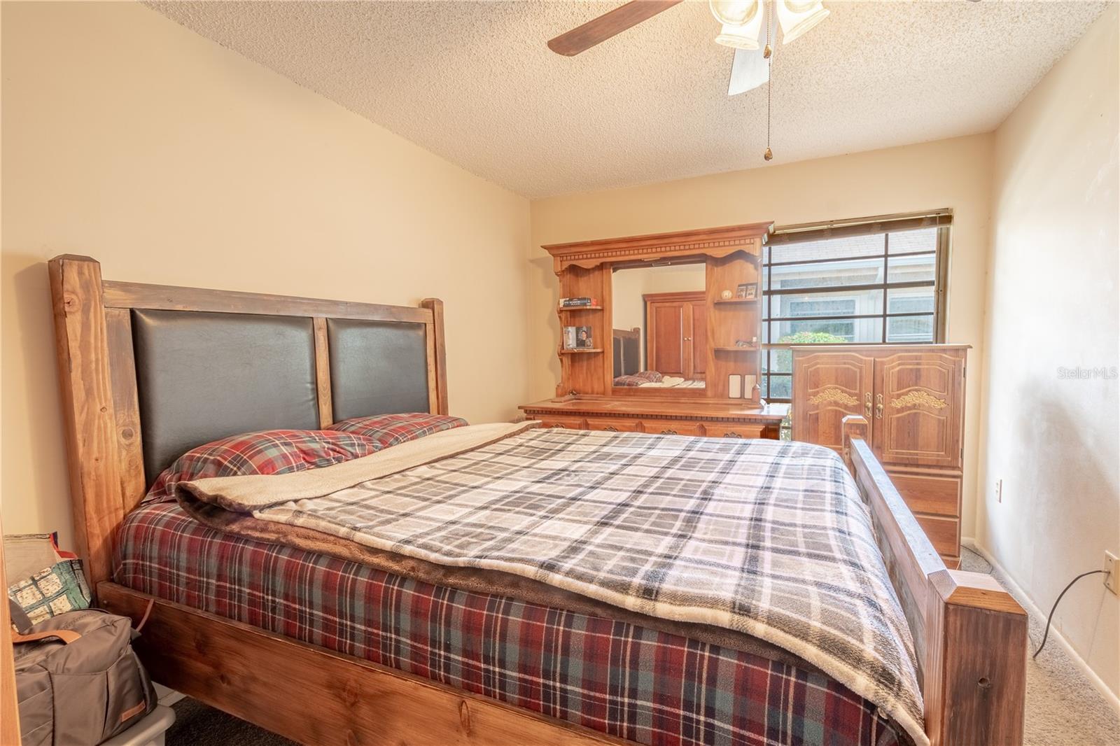 The primary bedroom features carpet, a large walk-in closet, and a ceiling fan with a light kit.