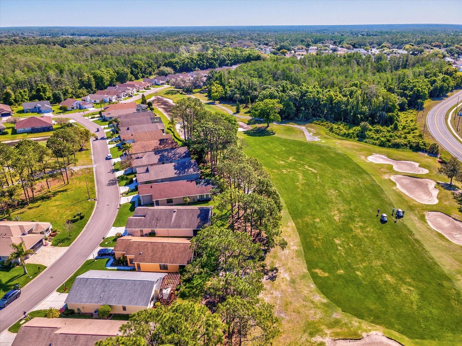 Drone view of street, homes and golf course