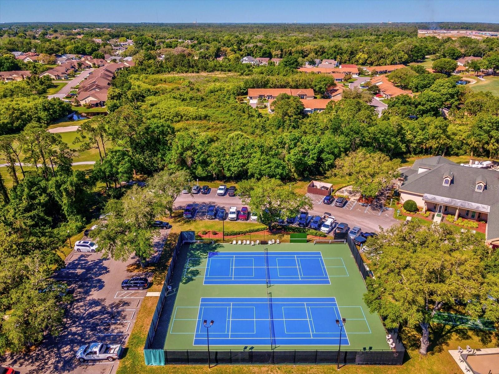 Drone views of surrounding homes and tennis/pickleball courts