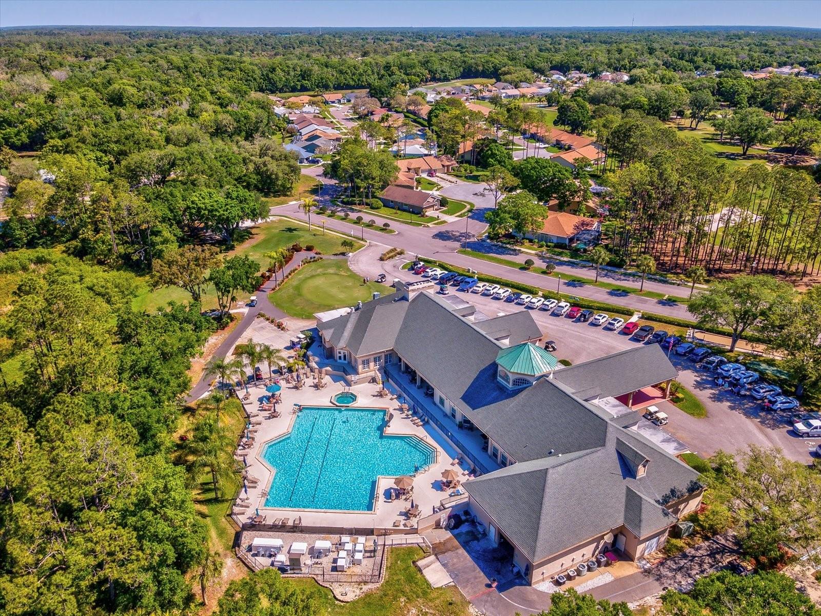 Drone views of Timber Greens clubhouse, amenities and neighborhoods