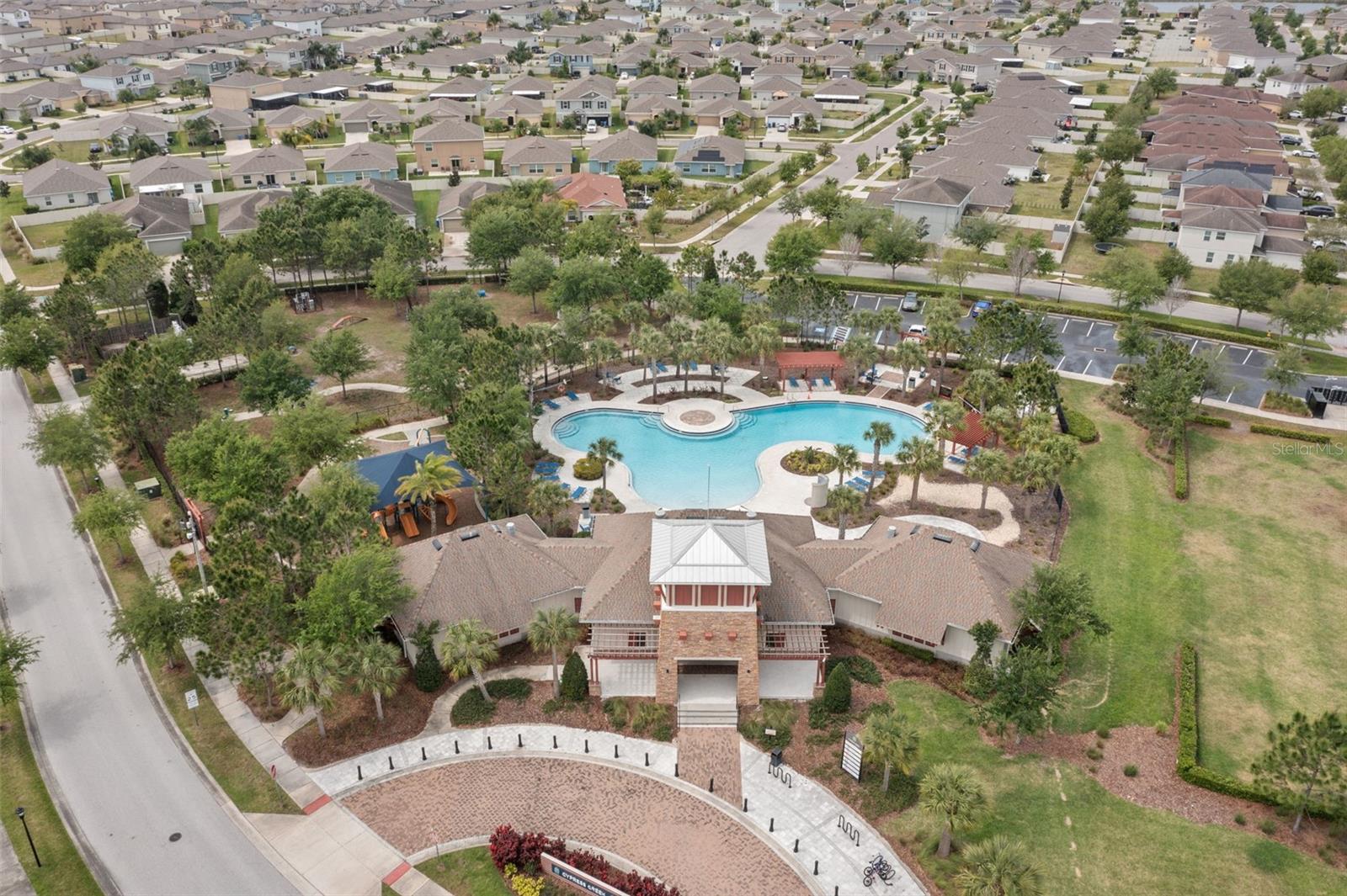 Aerial view of clubhouse & community pool