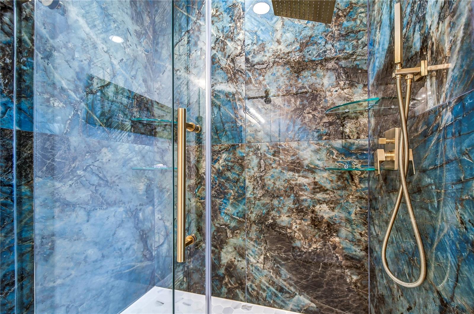 Close up of the marble tile in Primary bathroom shower