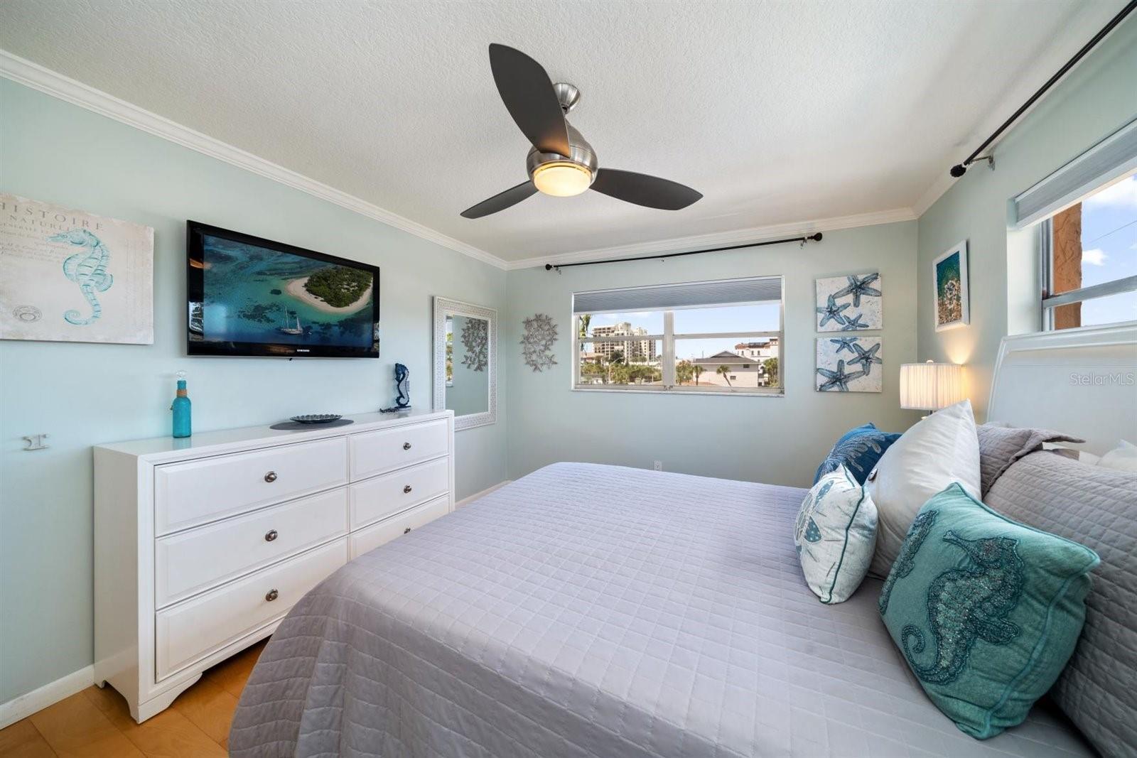 Spacious Bedroom with 2 window views, laminate flooring (TV Conveys)