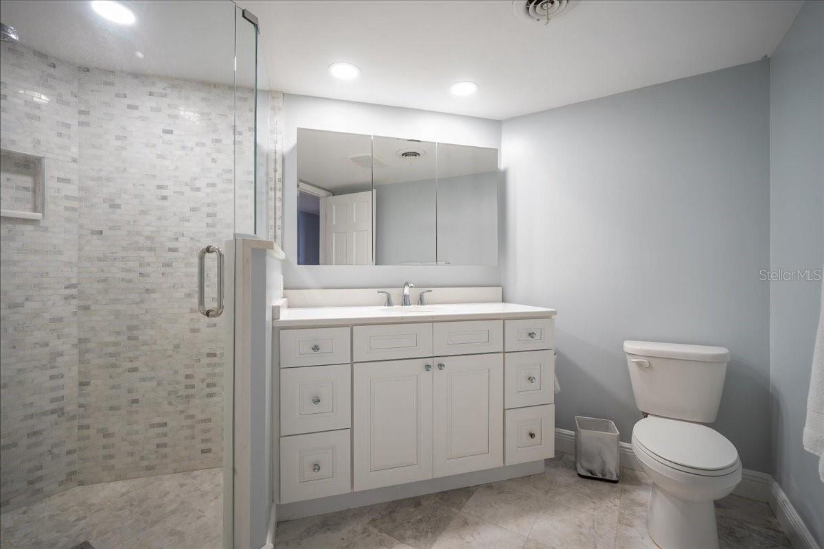 A newly renovated guest bathroom with new vanity a tastefully tiled shower and a glass enclosure.