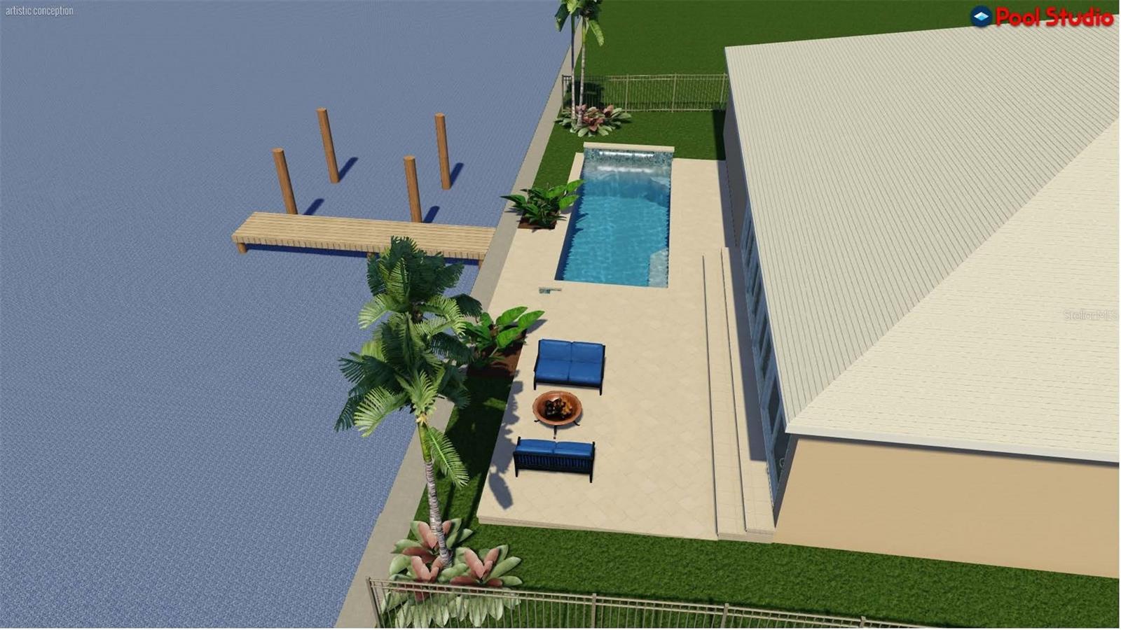 A pool can be built. This pool rendering was created by Atlantic Pools using the survey. (There are more drawings of a potential pool at the end of the photos. )