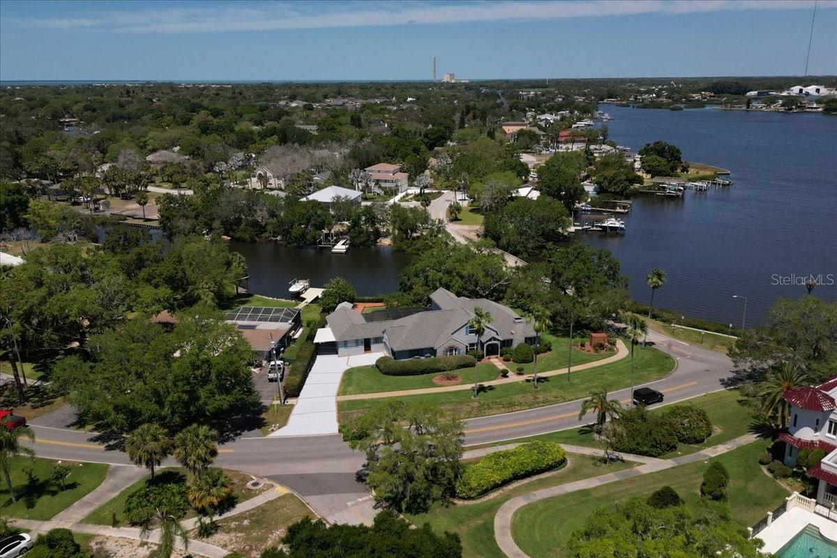 Aerial view of home with Kraemer Bayou on right