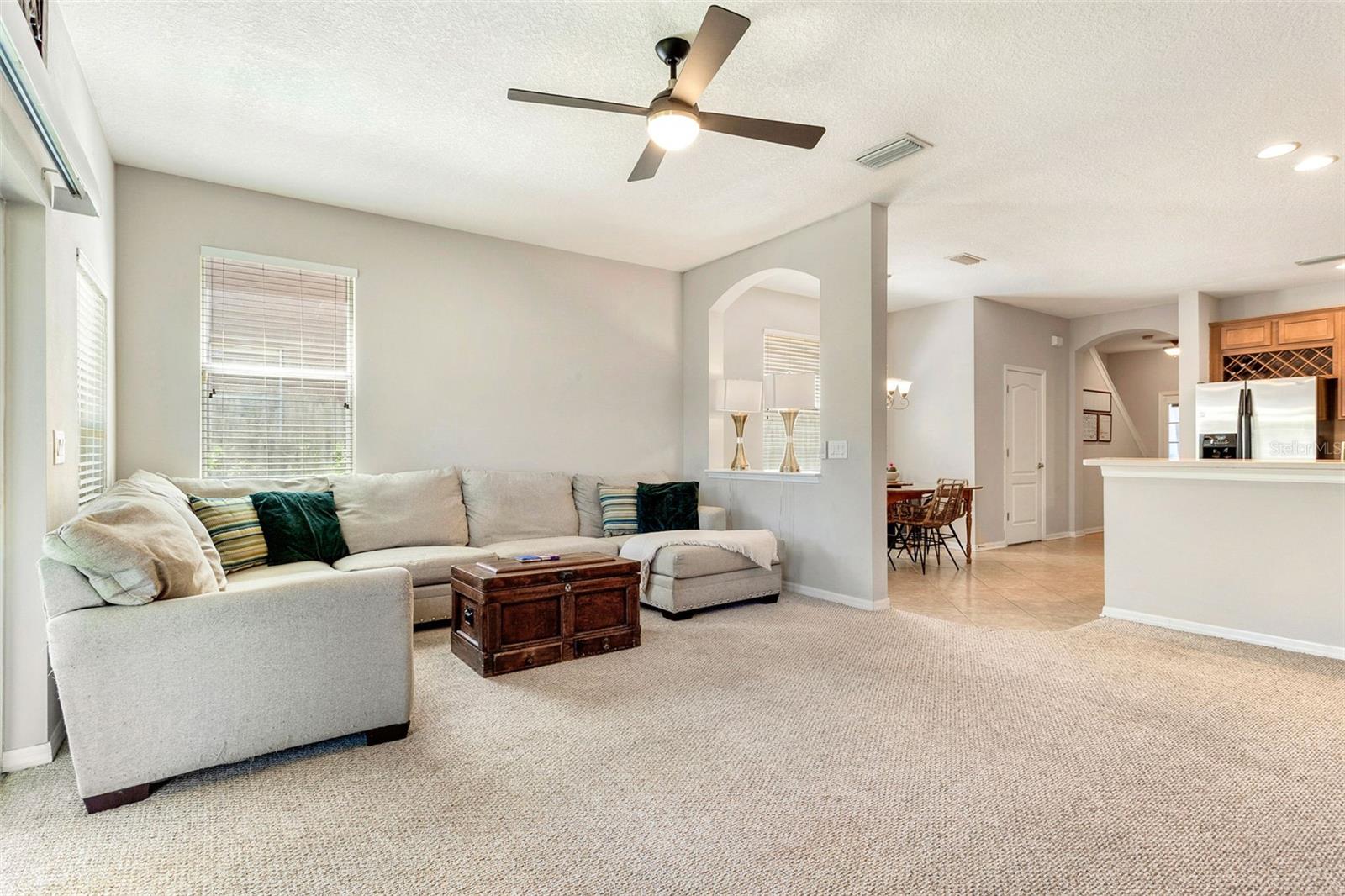 Living Room with newer ceiling fan