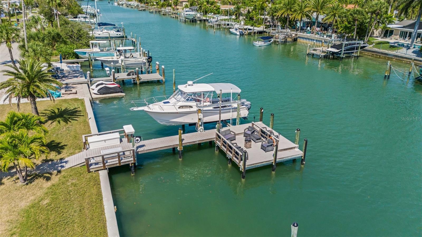 Aerial View of multi-level Trex Composite Decking.  16k Boat Lift, 3 - Tie Mooring