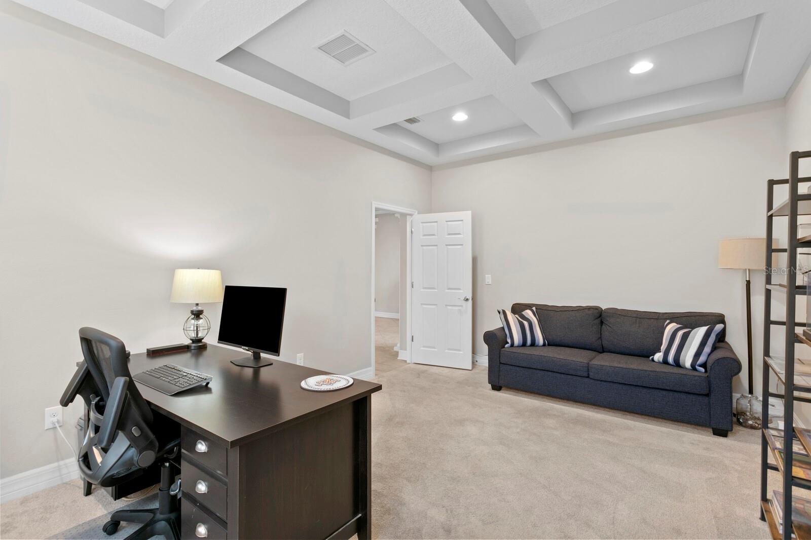 First floor office features decorative tray ceiling, and a huge working space.  This could be used as a 6th bedroom, game room, fitness area, and more.