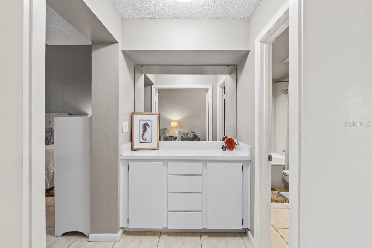 Primary suite entryway featuring built-in cabinets and countertop.