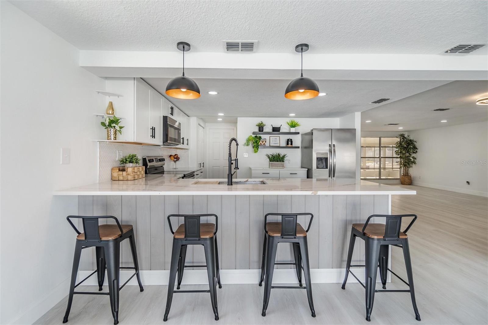All new renovated kitchen. Luxury vinyl plank flooring, commercial faucet, gourmet sink, quartz countertops, shaker cabinets, stylish shelving, new hardware, can lights and pendulum lights above 10-feet bar