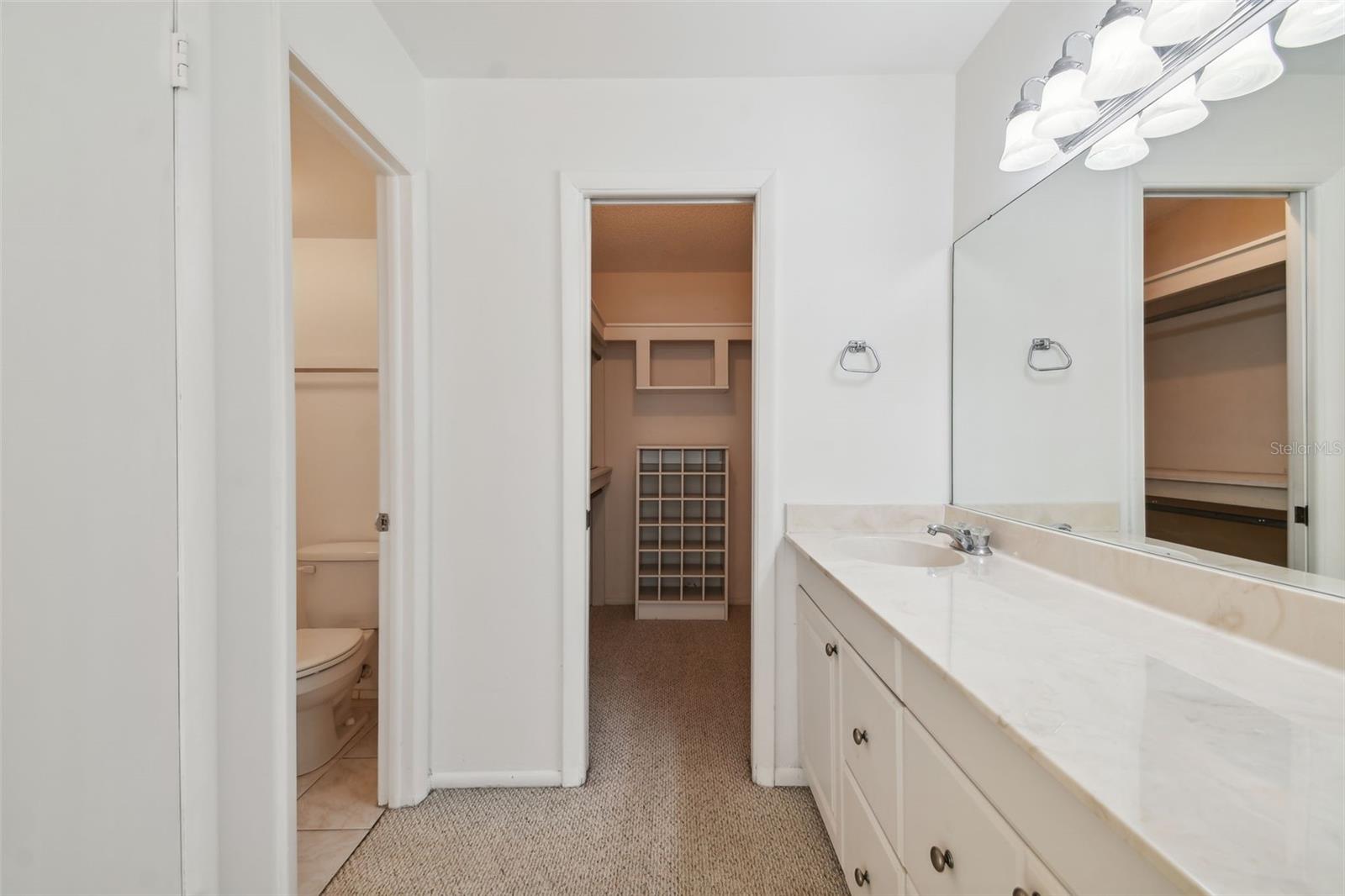 Primary bathroom includes a linen and walk-in closet