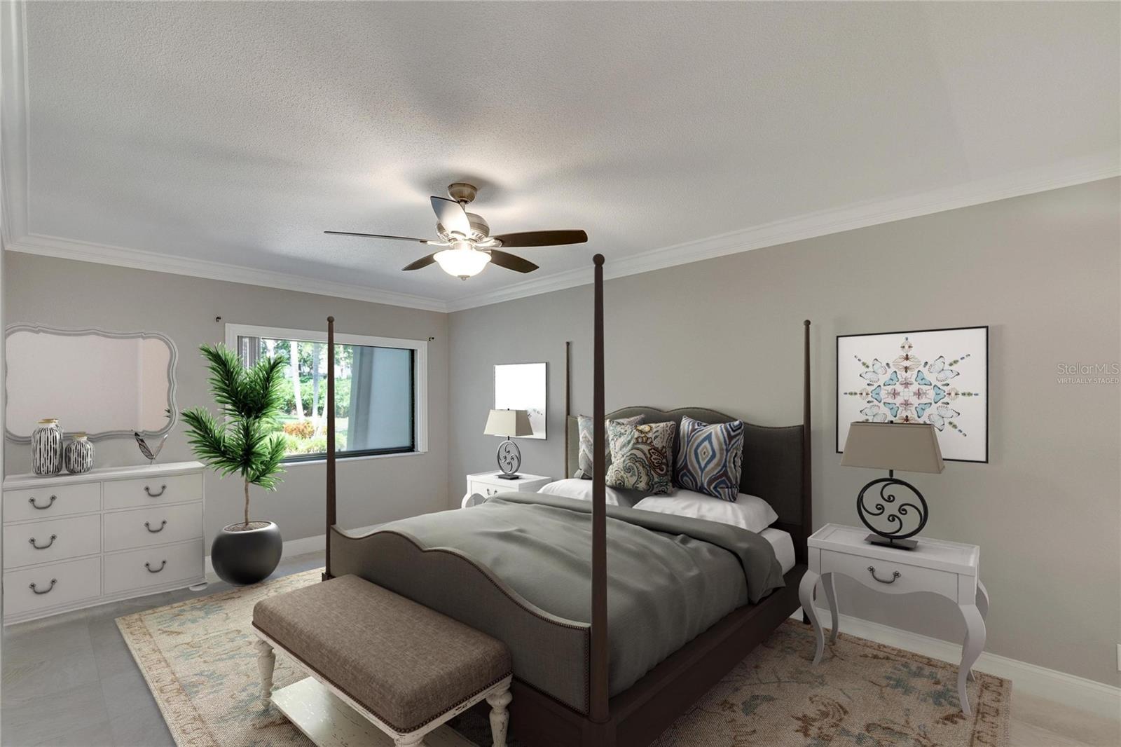 Virtually staged master bedroom.
