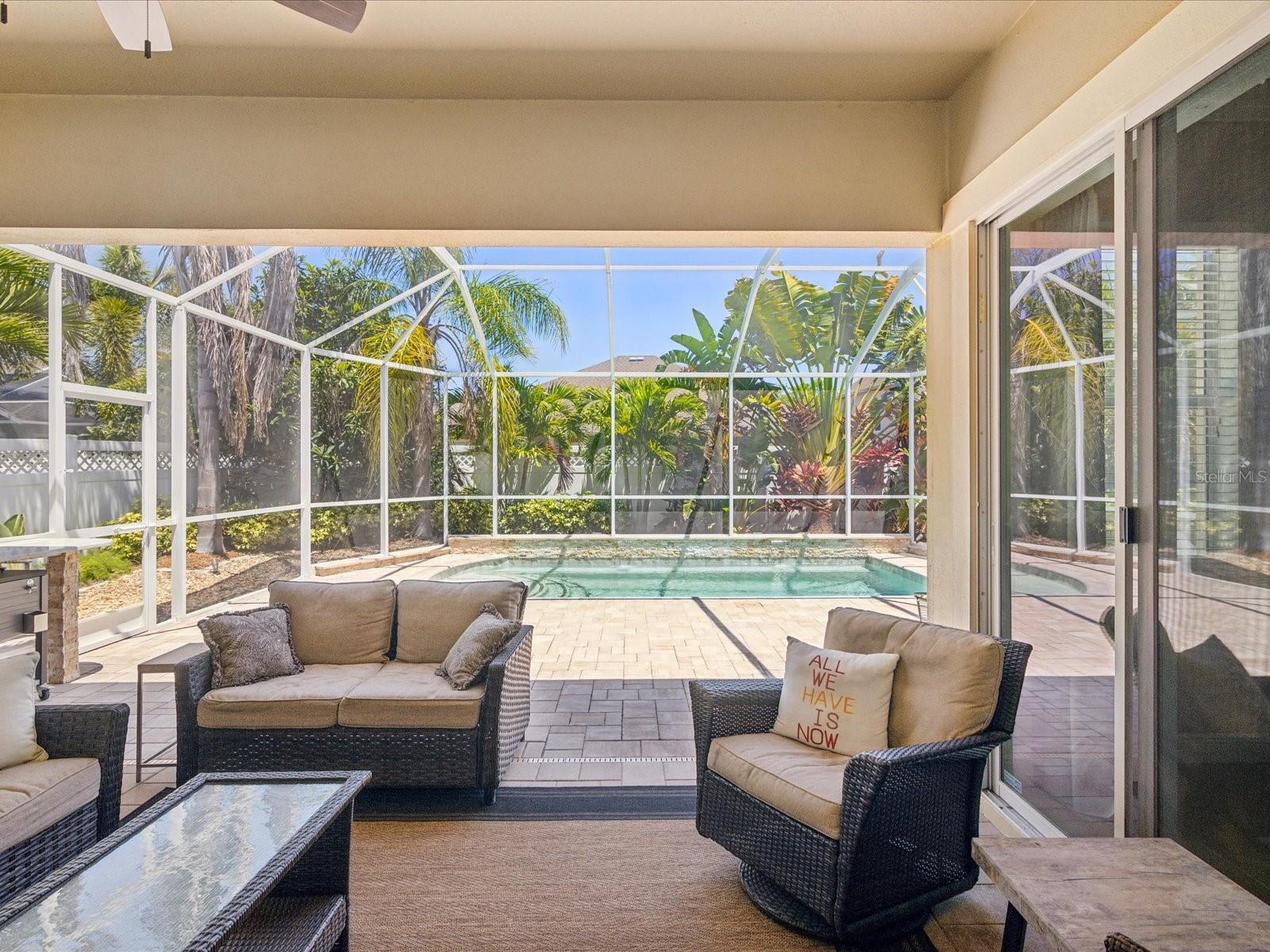 You will not have to worry about mosquitos in the enclosed pool and lounge area. Enjoy the morning sun and relaxing under the shade on a hot summer's day.