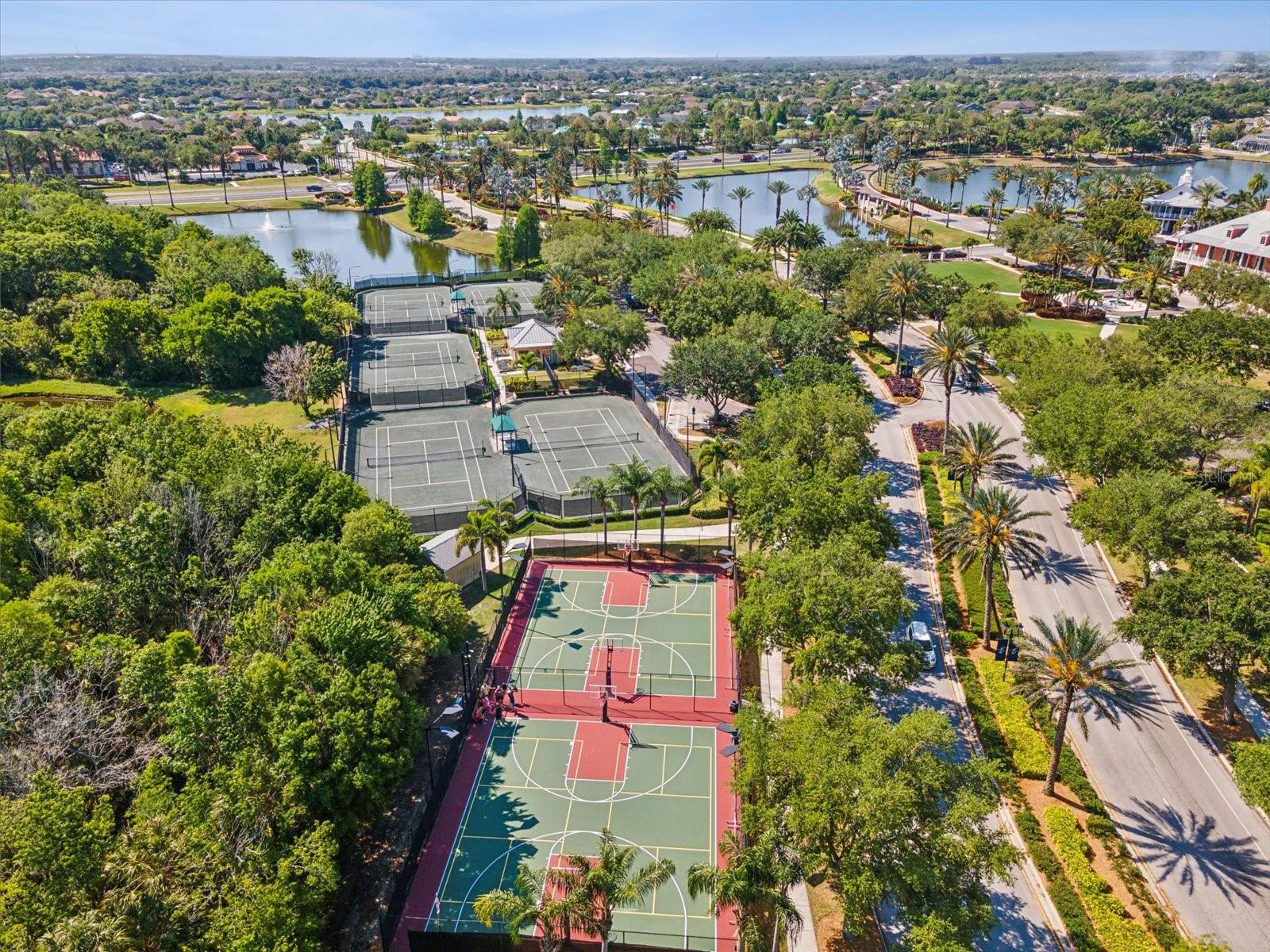 Tennis and basketball courts that are converted into pickle ball courts, are amenities offered in Mirabay.