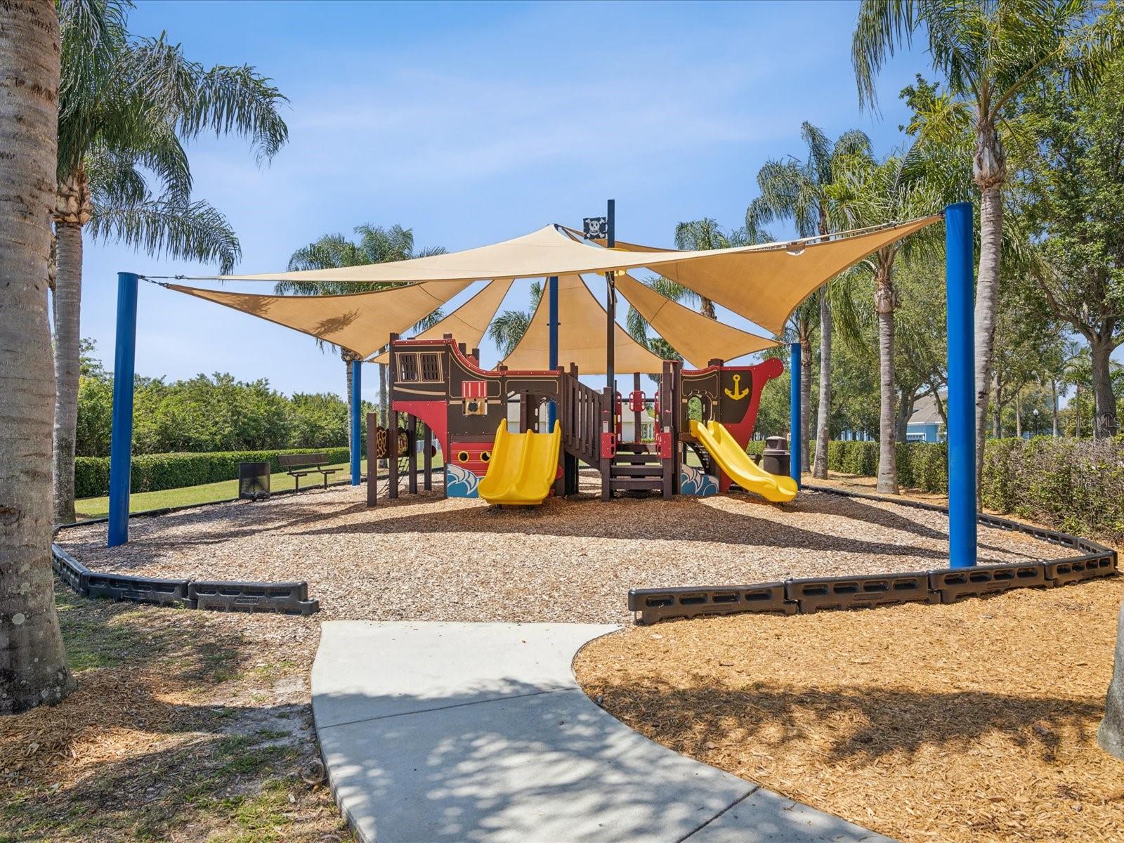 There is not a shortage of places for your kids to play in Mirabay! This playgound is next to the tiki huts on the canal side.