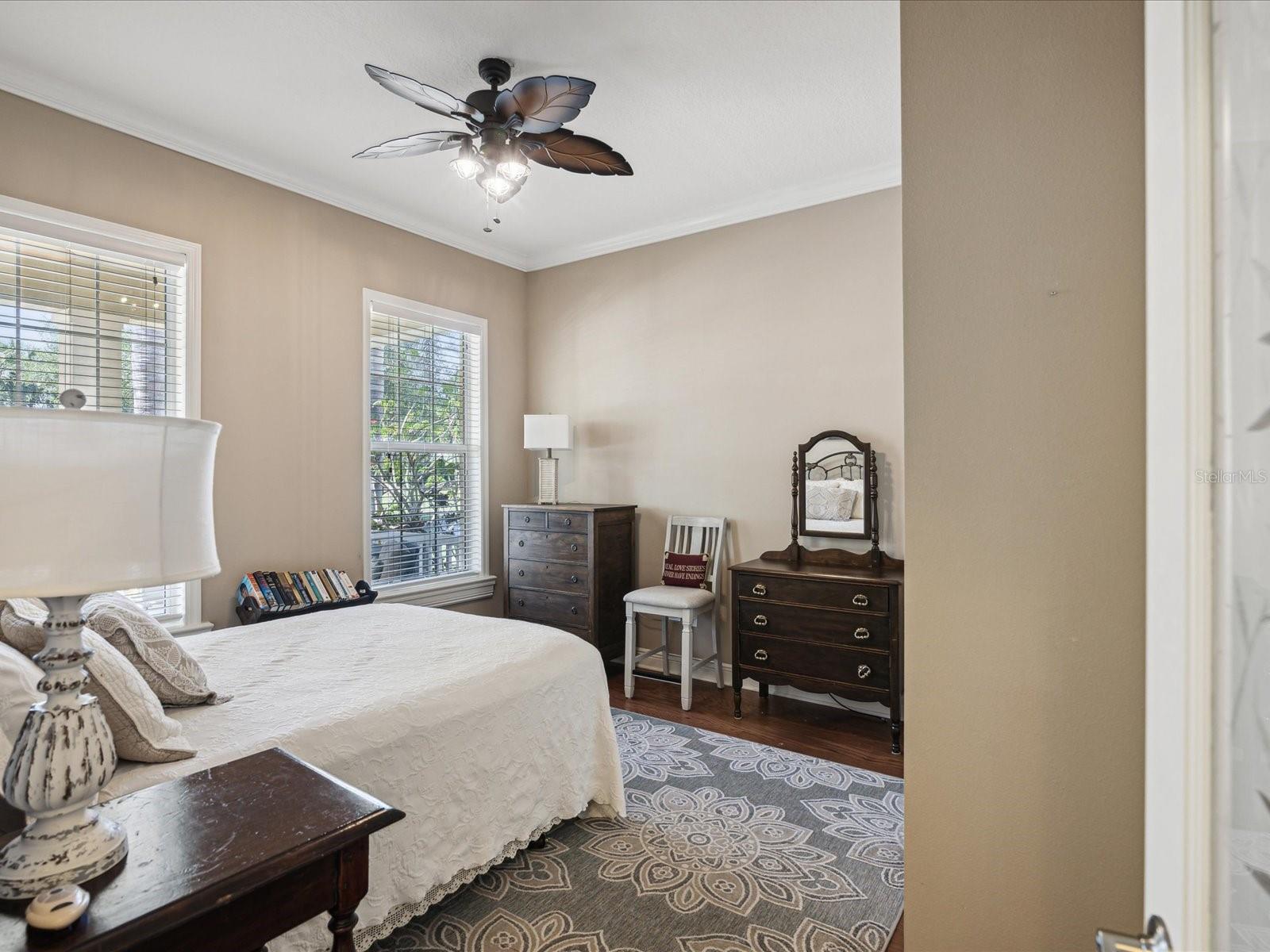 The fourth bedroom to the left of the front door features glass paneled French doors, ceiling fan with light, and a large closet.