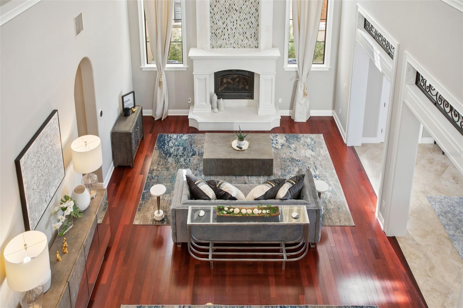 View into formal living room from second floor.