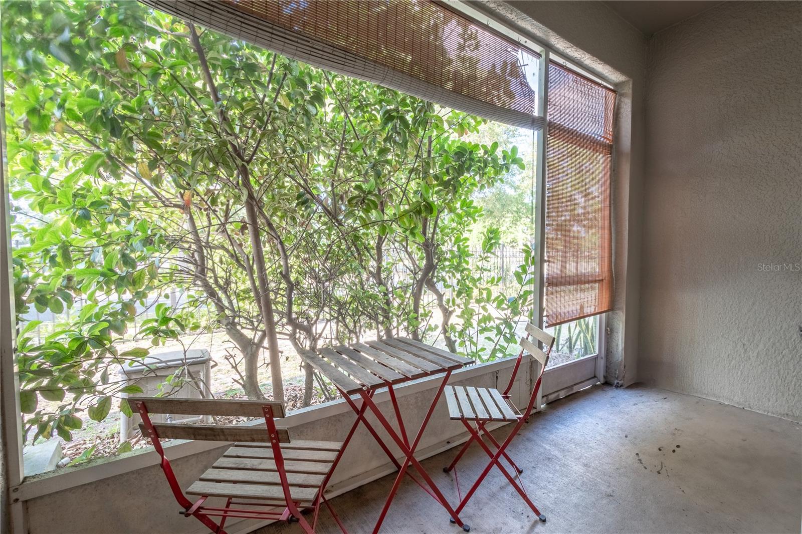 A peaceful and serene screened in back patio, ideal for morning coffee.