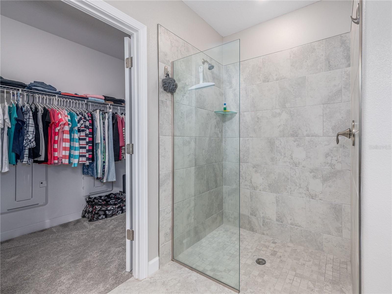Close Up of Step-In Shower and Walk-In Closet