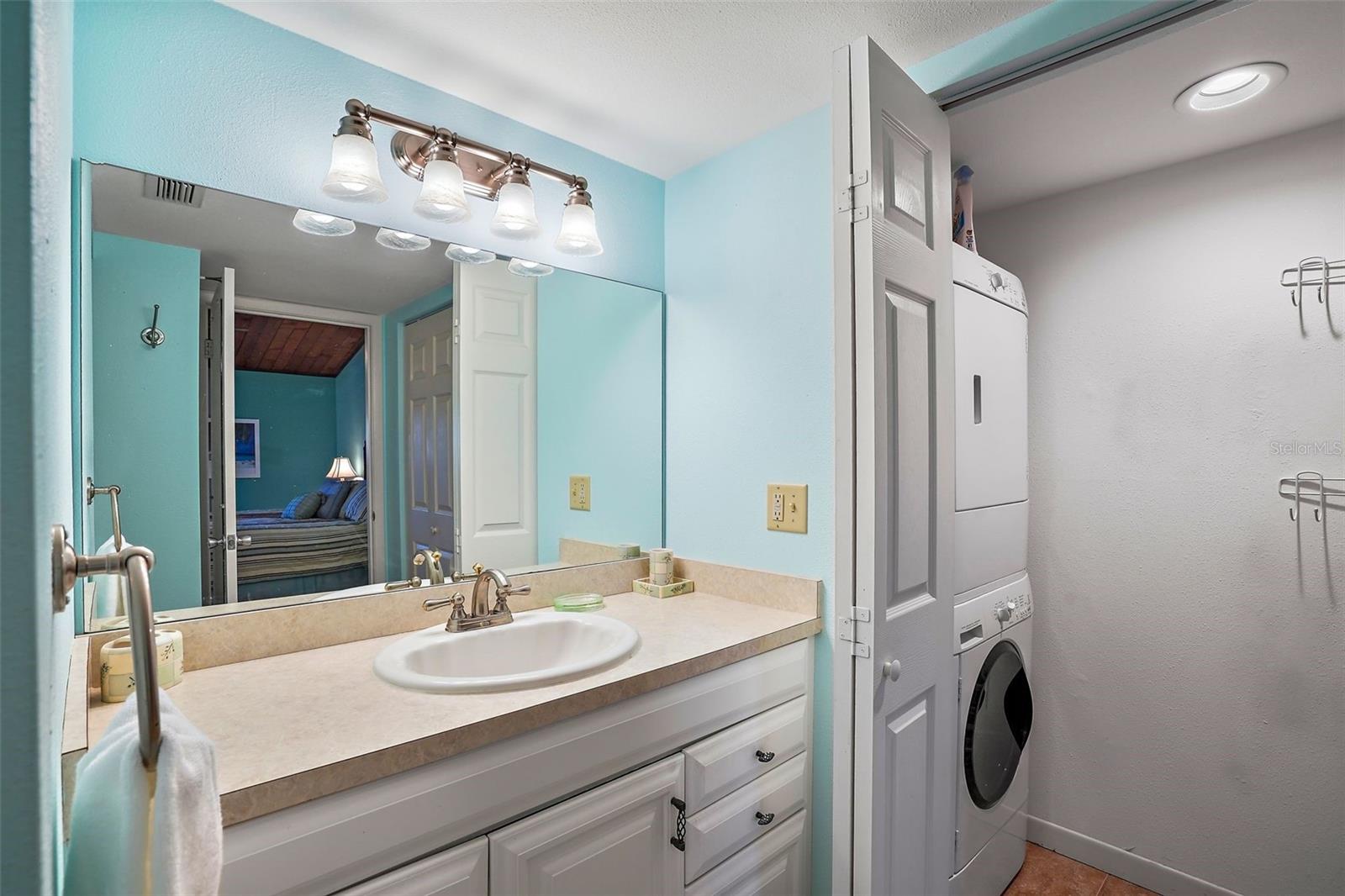 Laundry and extra storage in bathroom closet