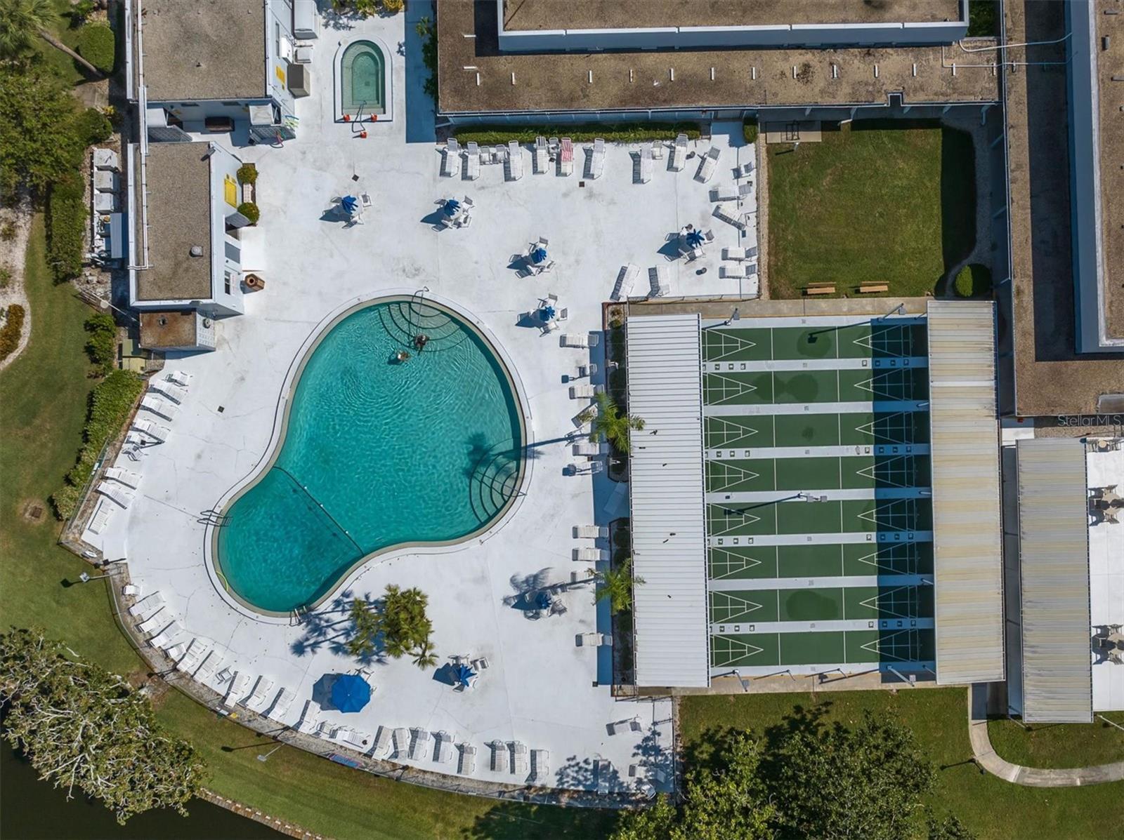 Heated pool, spa, shuffleboard, outdoor patio; restrooms top left of frame; on-site management office at the top of the frame (Ridge Seminole Mgmt Corp is the property management company).