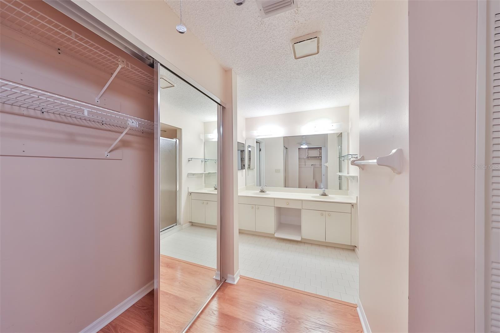 Large “L” shaped closet leading towards the en-suite primary bath