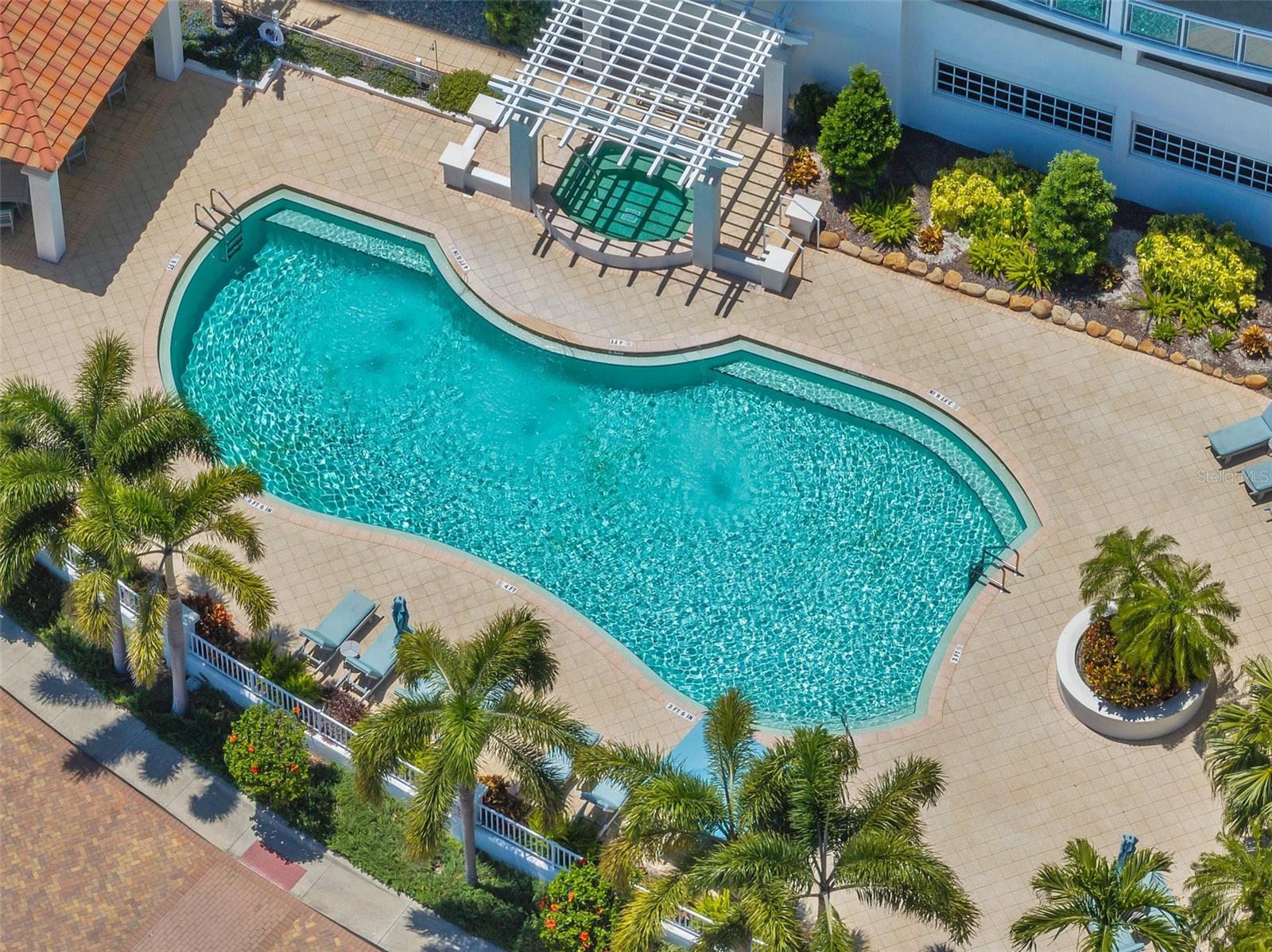 Drone view of pool, inviting and ready to enjoy!