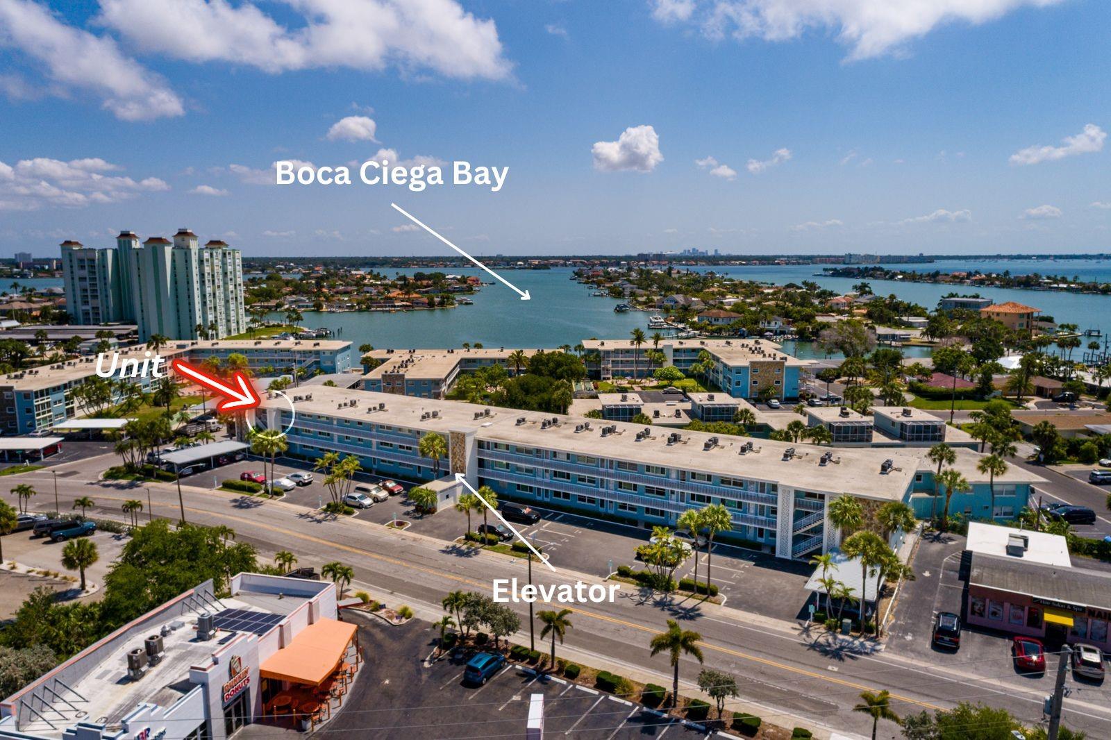 Top floor corner unit 338. Elevator in middle of bldg. Sylvette Condos on Boca Ciega Bay.