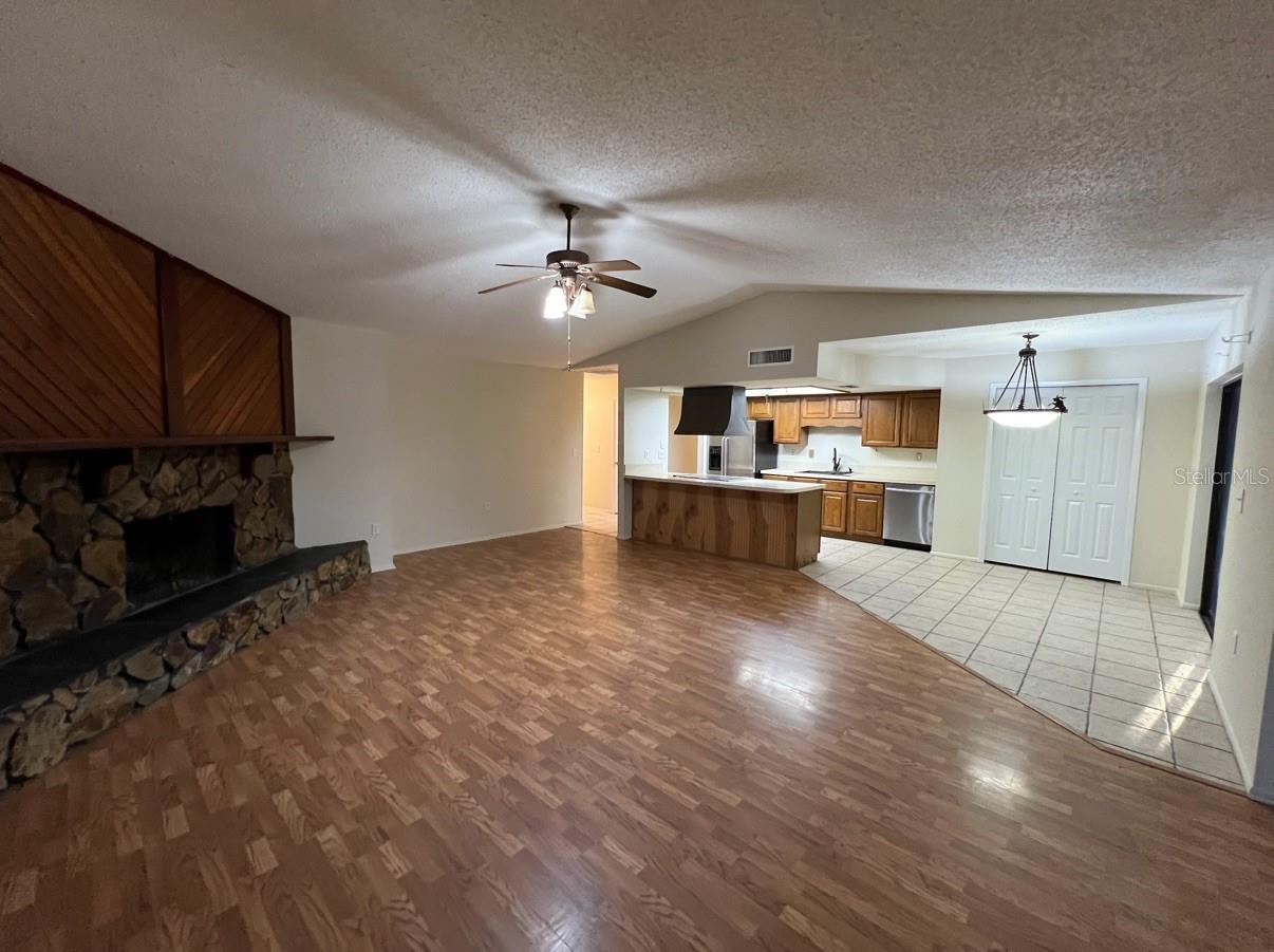 family room view to kitchen