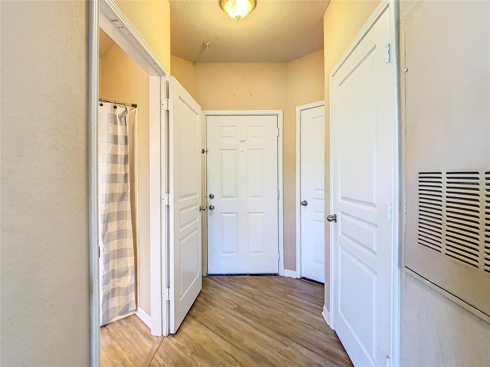 Behind you is the great room. Straight ahead is the front door. To the immediate right is a large walk-in closet. The smaller door to the right of the front door houses the water heater. There is ANOTHER door which is out of view & is ANOTHER closet :-)