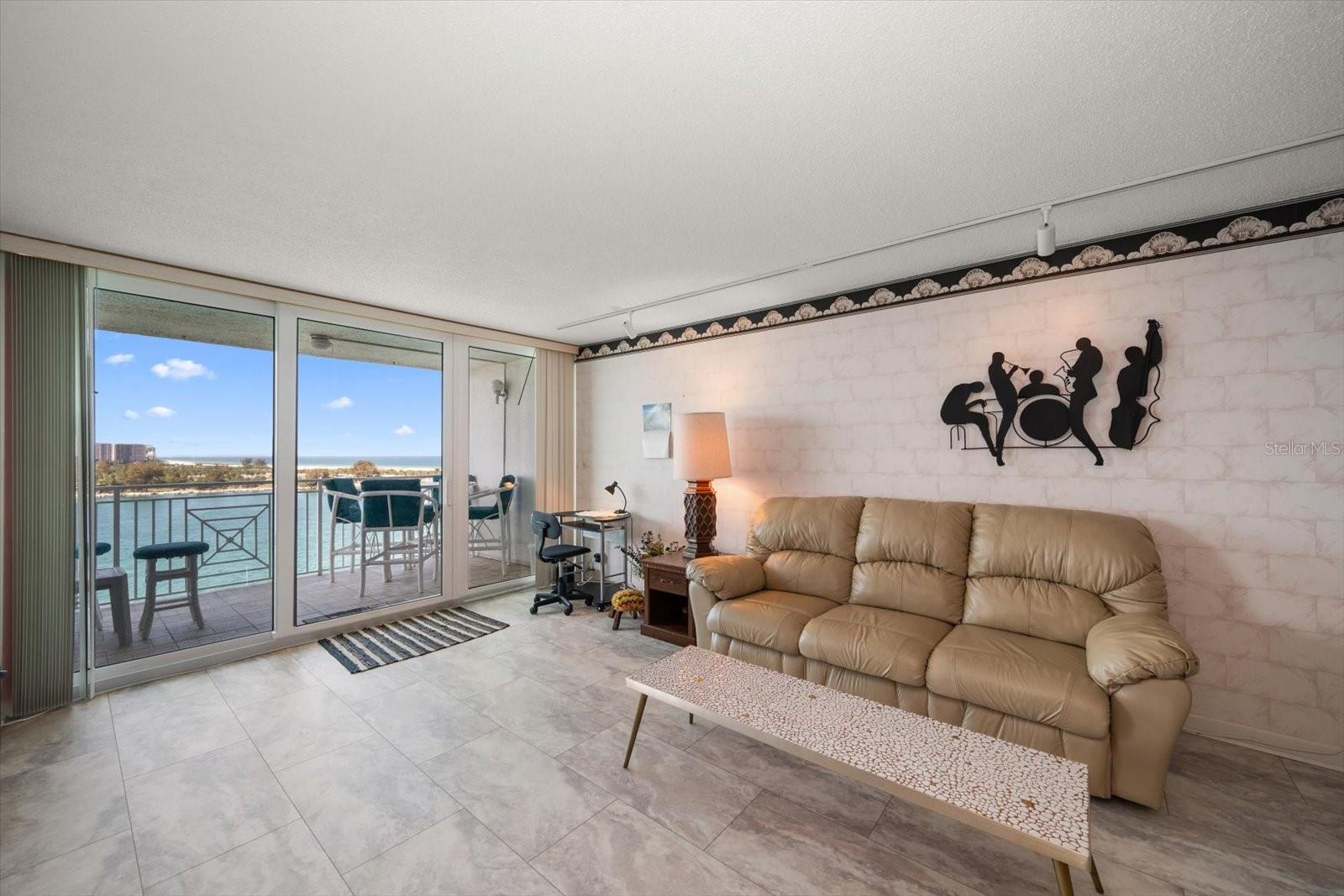 Living room with waterfront views