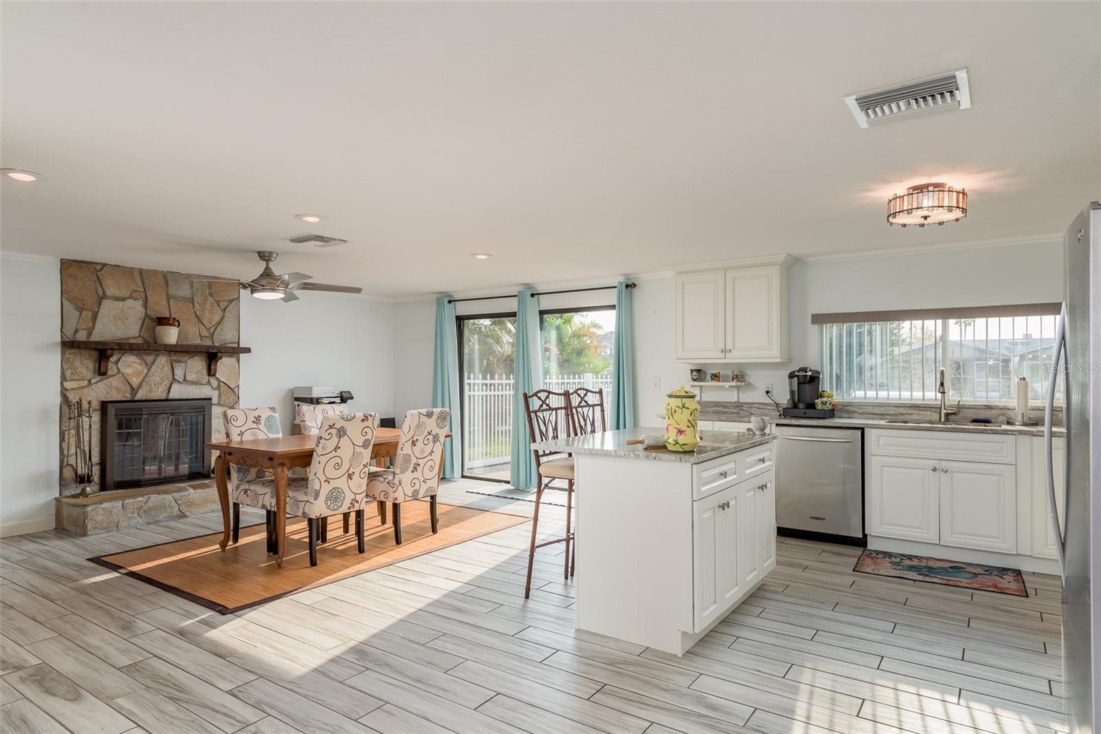 Kitchen and Dining with Fireplace