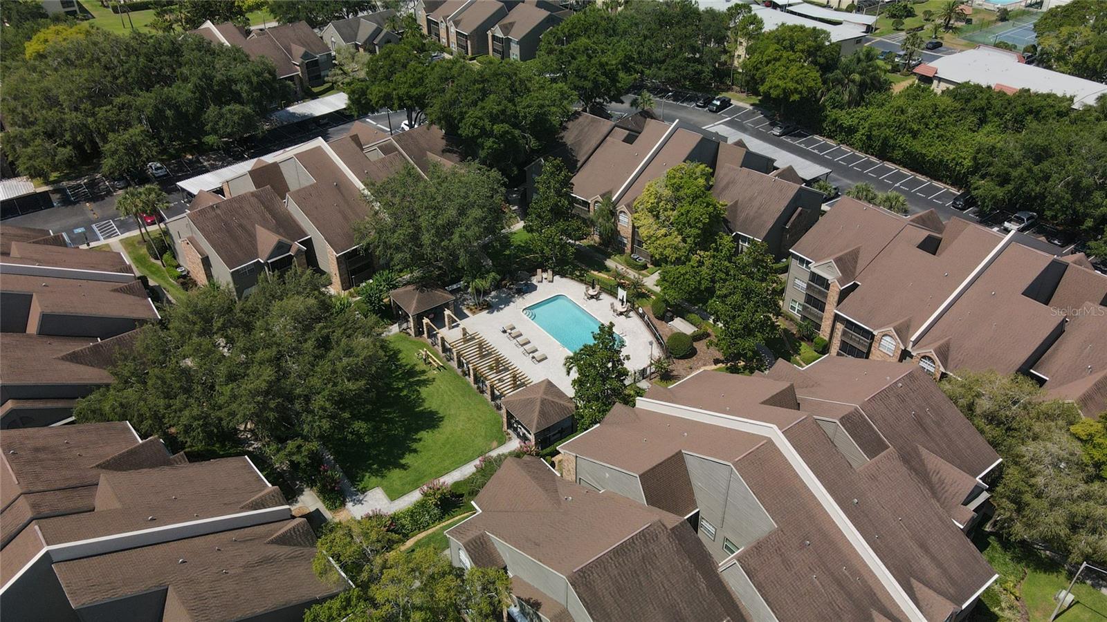 Aerial view of the pool and The Fountains at Countryside