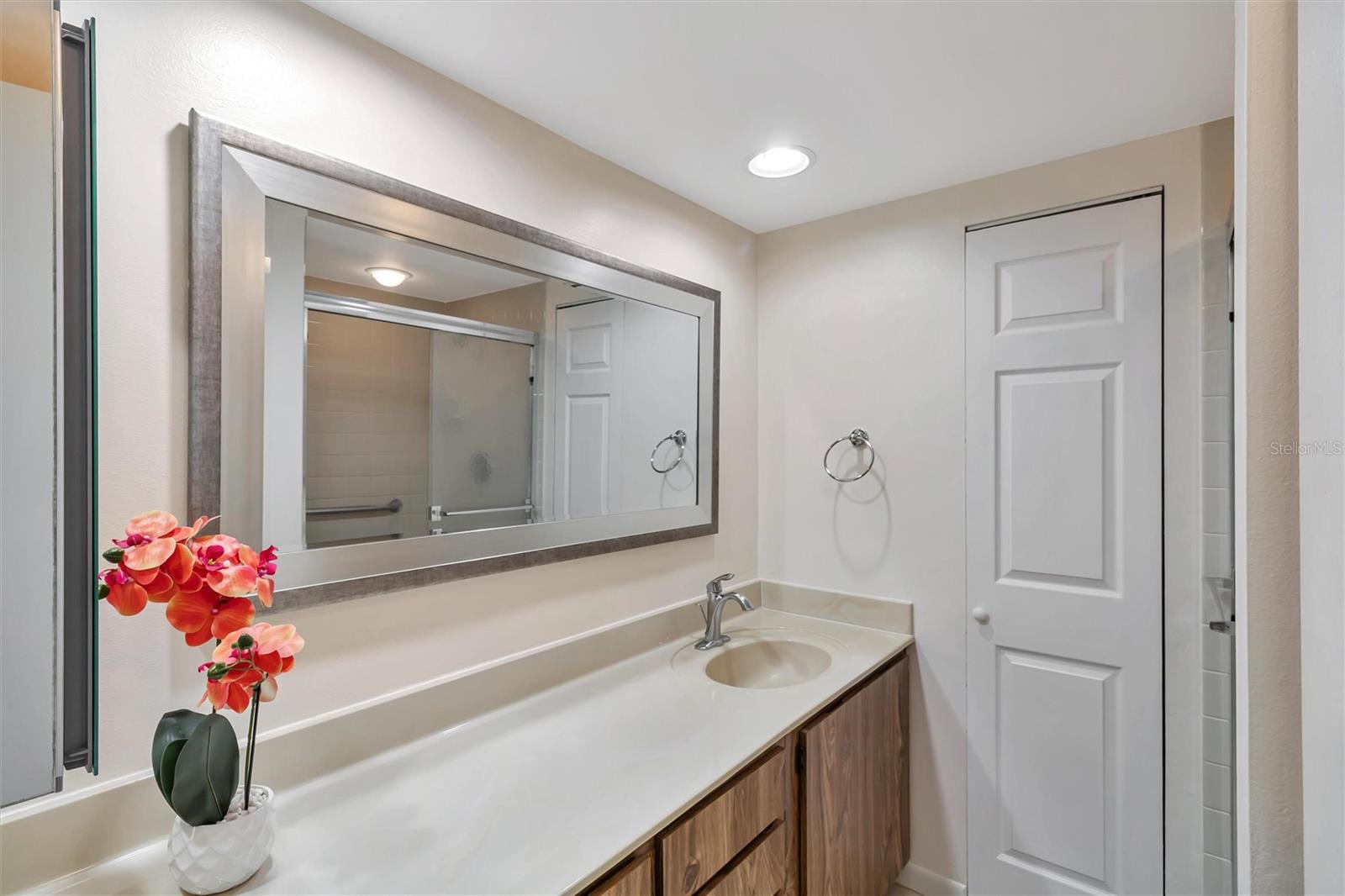 Primary bathroom with lots of counterspace and walk-in shower and linen closet
